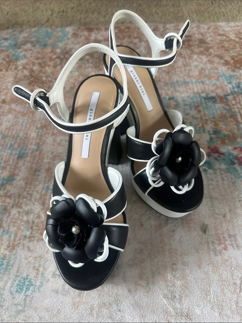 Gianni Bini Black and White Floral Platform Sandals